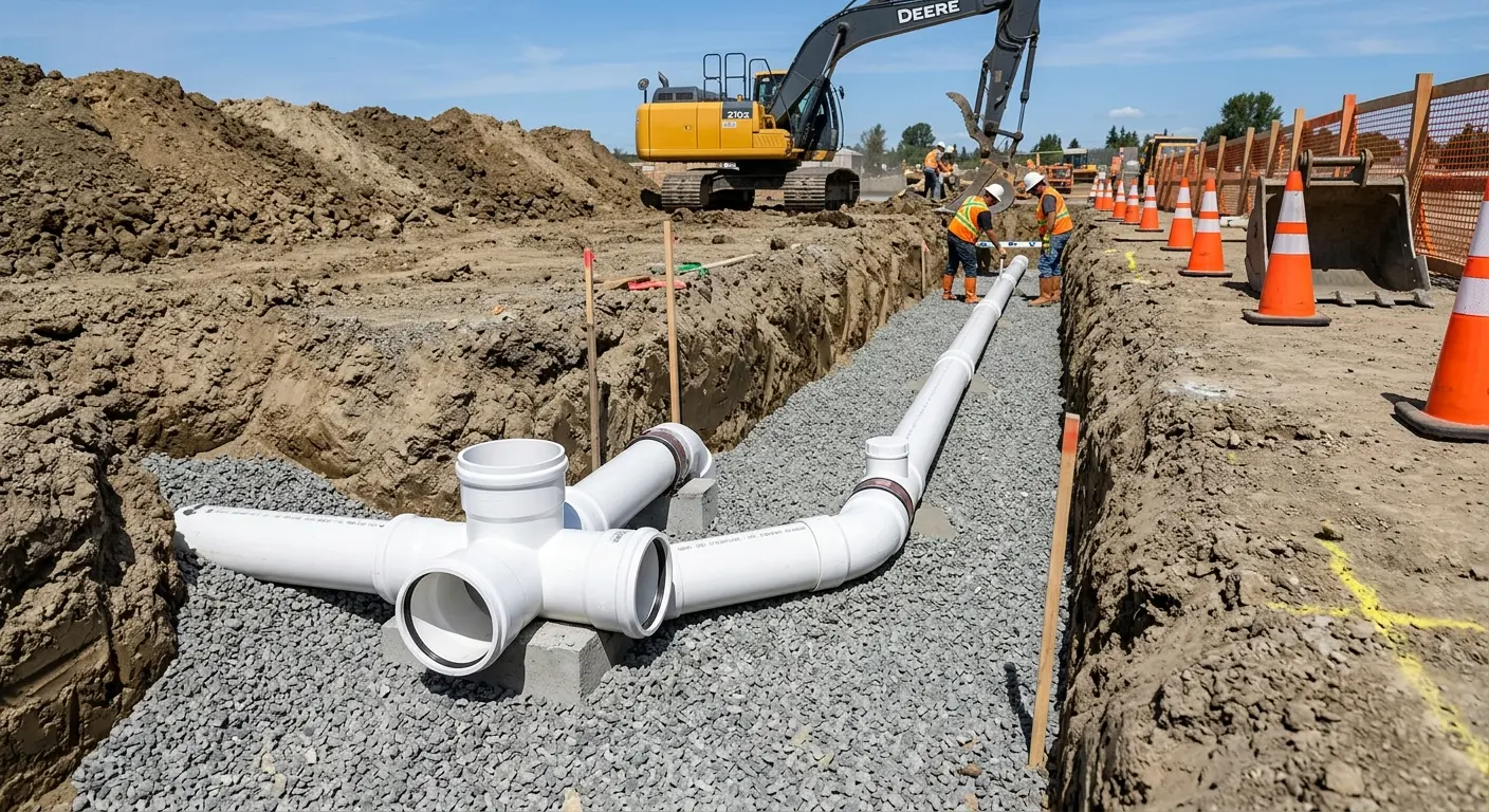 New PVC sewer pipe installation in open trench for Commercial Drain Cleaning in Mayfield