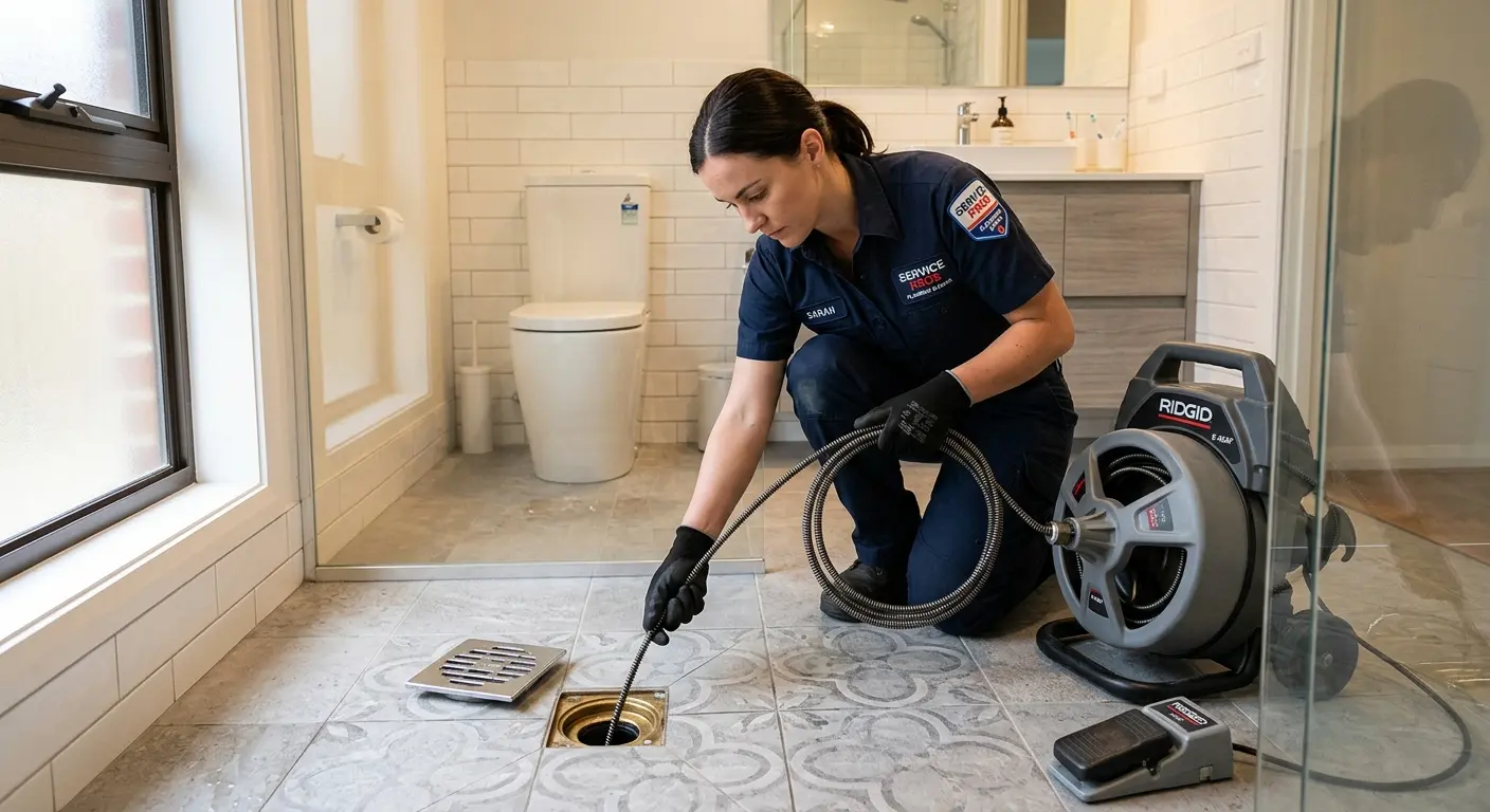 Technician clearing a bathroom floor drain for Drain Cleaning in Mayfield